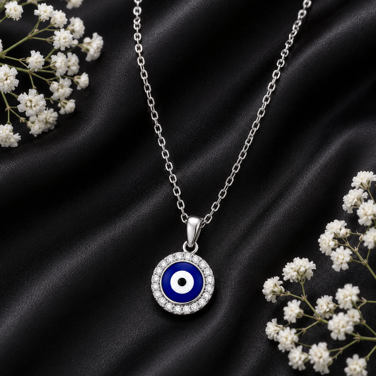 Blue Evil Eye Pendant Necklace worn
