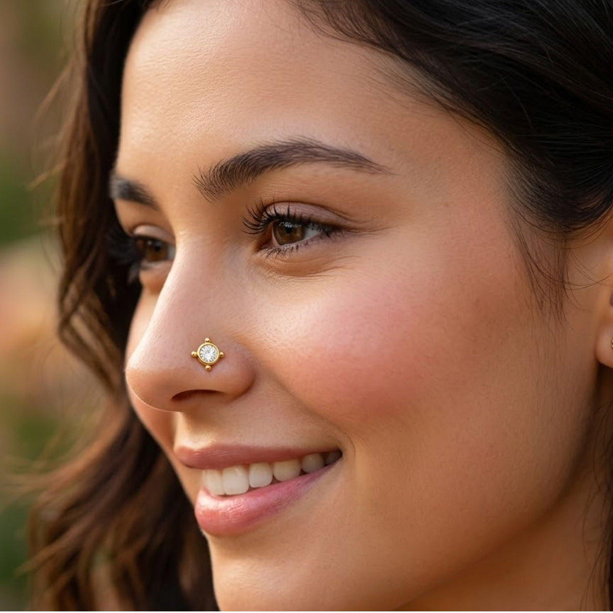 Bezel Beaded Nose Pin - full length shot