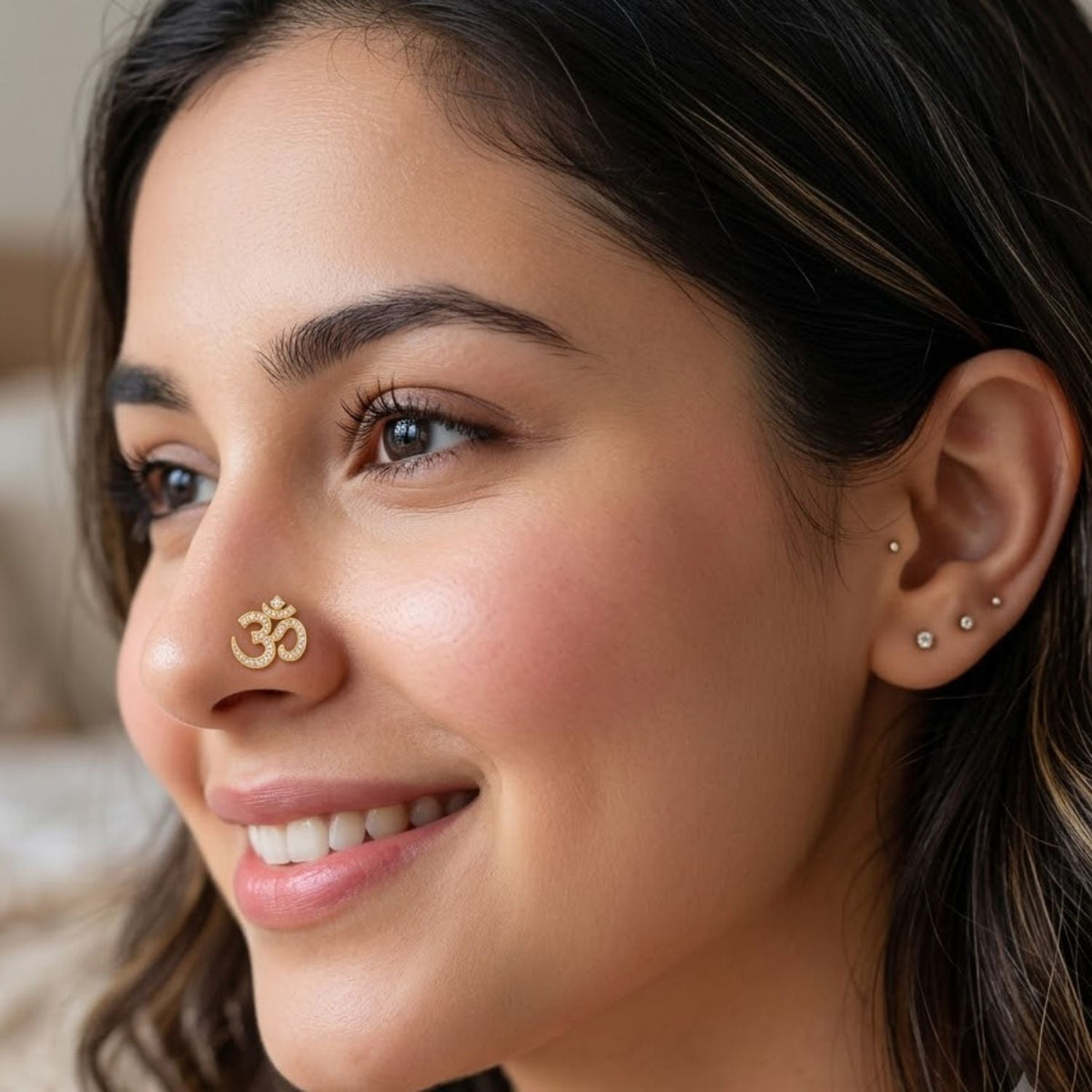 Om Nose Pin - side view in 925 sterling silver