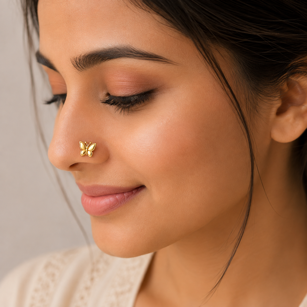 Minimalist Butterfly Nose Pin - side view in 925 sterling silver