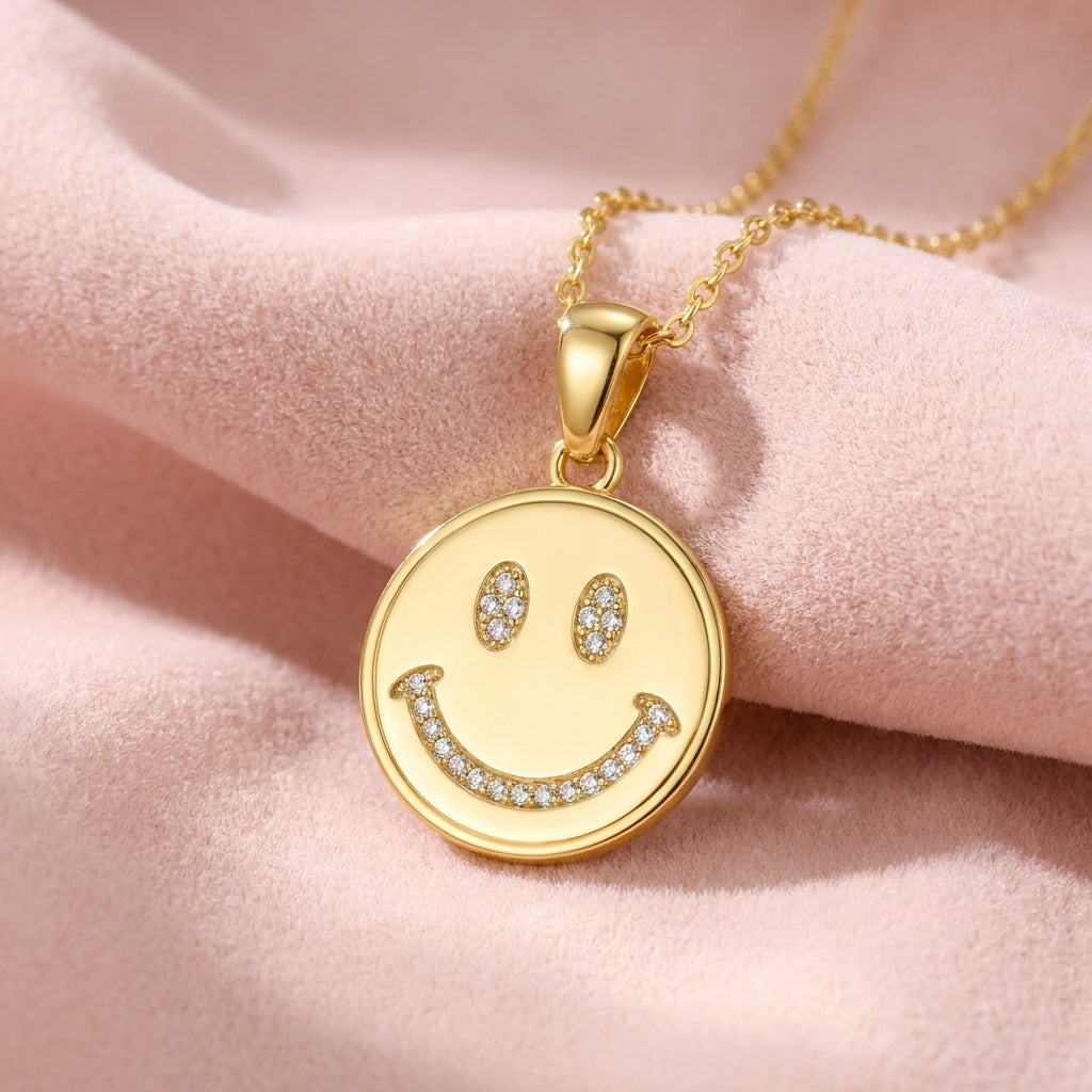 Smiley Face Necklace with White Cz Accents