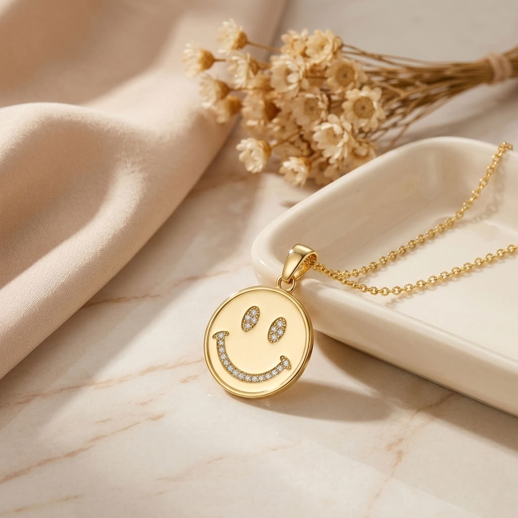 Smiley Face Necklace with White Cz Accents for Women - 925 Sterling Silver