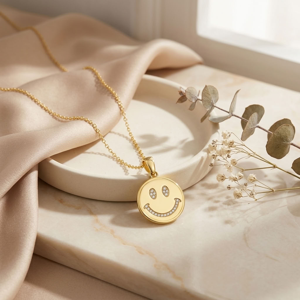 Smiley Face Necklace with White Cz Accents for Women - 925 Sterling Silver