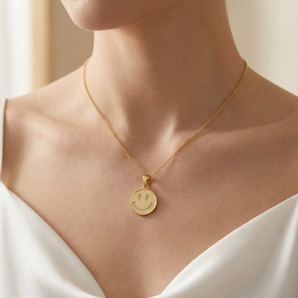 Smiley Face Necklace with White Cz Accents for Women - 925 Sterling Silver