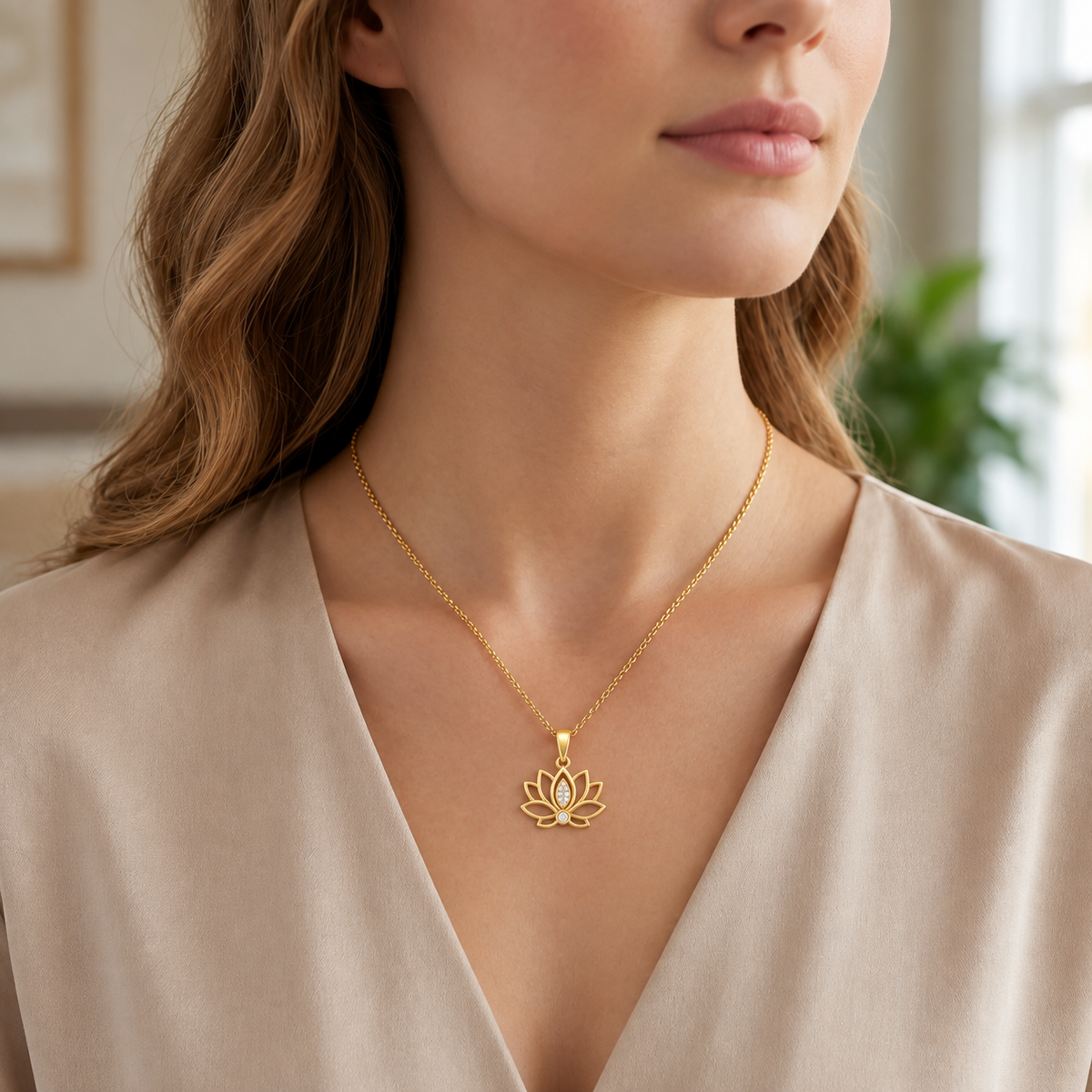 Lotus Flower Necklace with White Cz Accents for Women - 925 Sterling Silver
