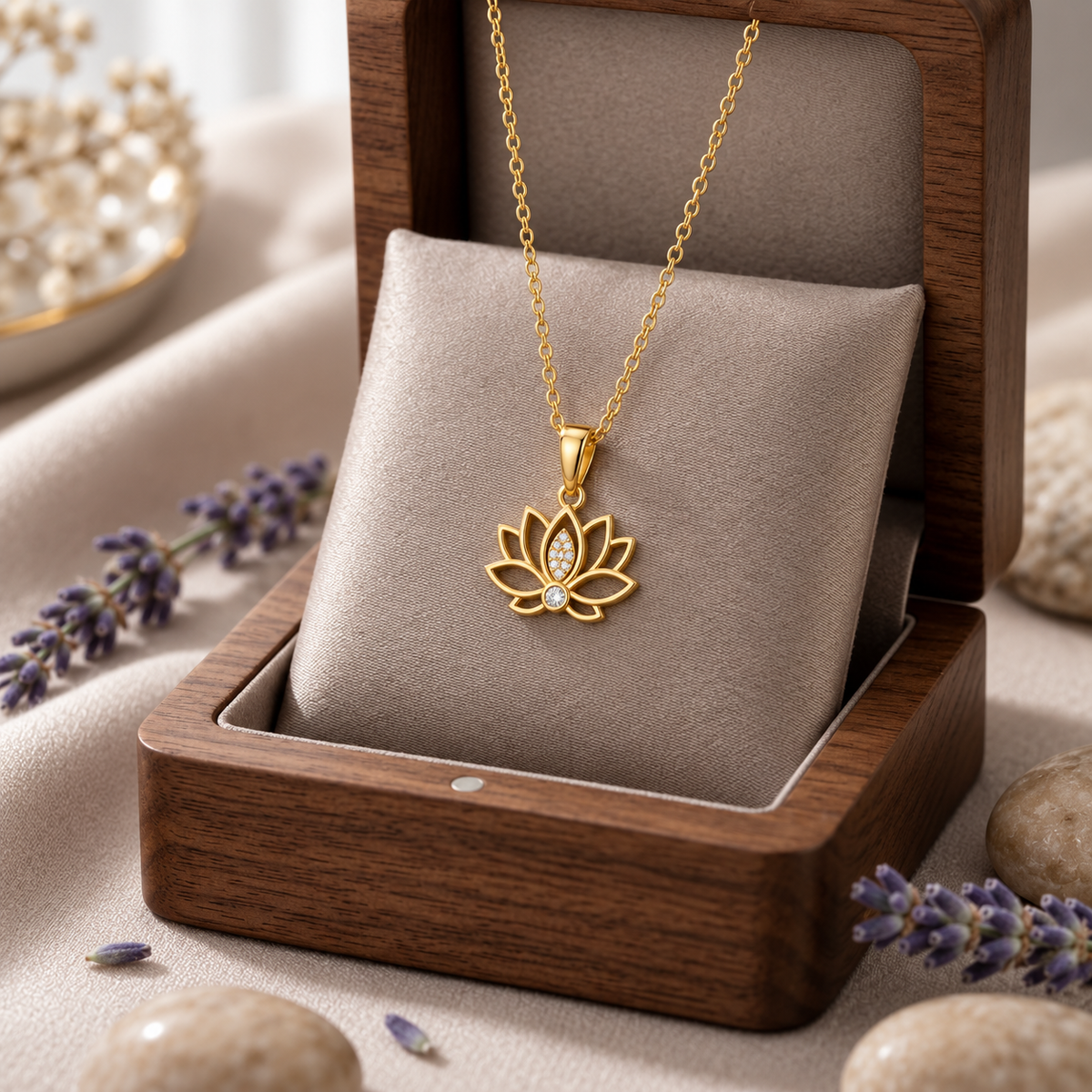 Lotus Flower Necklace with White Cz Accents for Women - 925 Sterling Silver