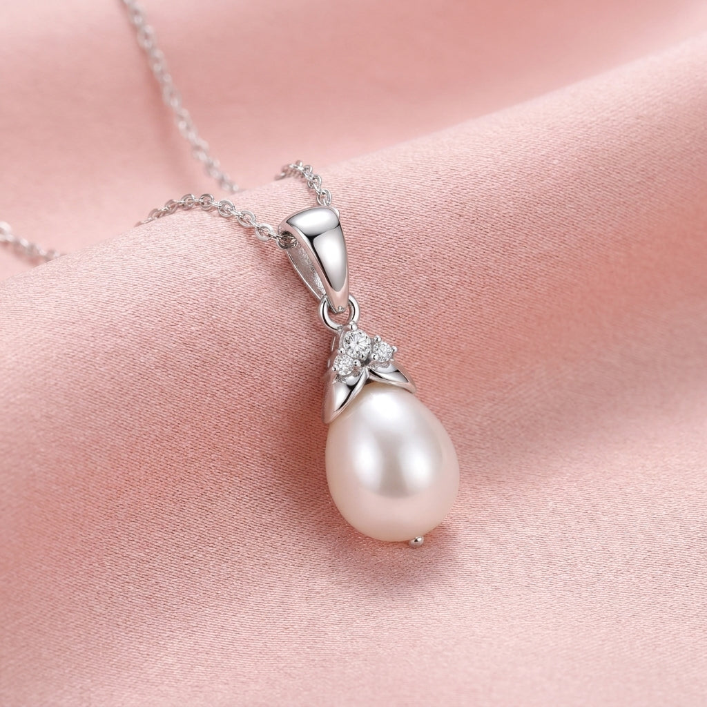 Pearl Drop Necklace with White Cz Floral Bail