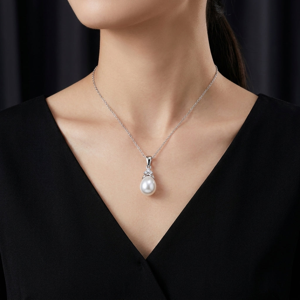Pearl Drop Necklace with White Cz Floral Bail