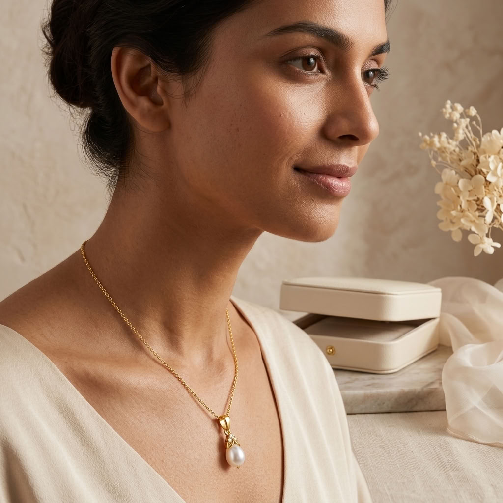 Pearl Drop Necklace with White Cz Floral Bail for Women - 925 Sterling Silver