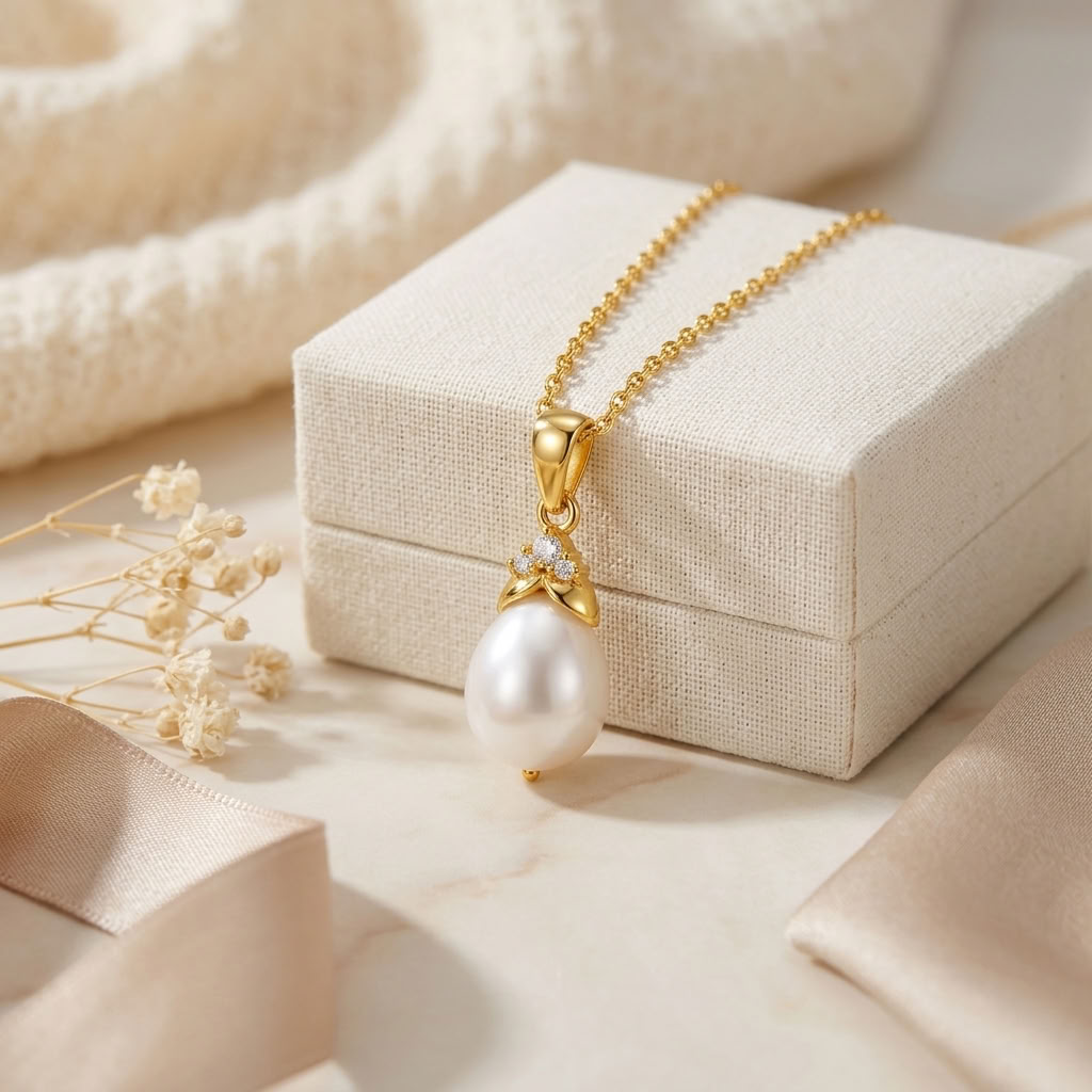 Pearl Drop Necklace with White Cz Floral Bail for Women - 925 Sterling Silver