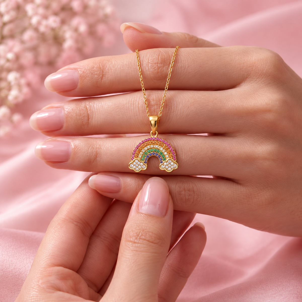 Rainbow Necklace with Multicolor White Cz & Cloud Accents for Women - 925 Sterling Silver