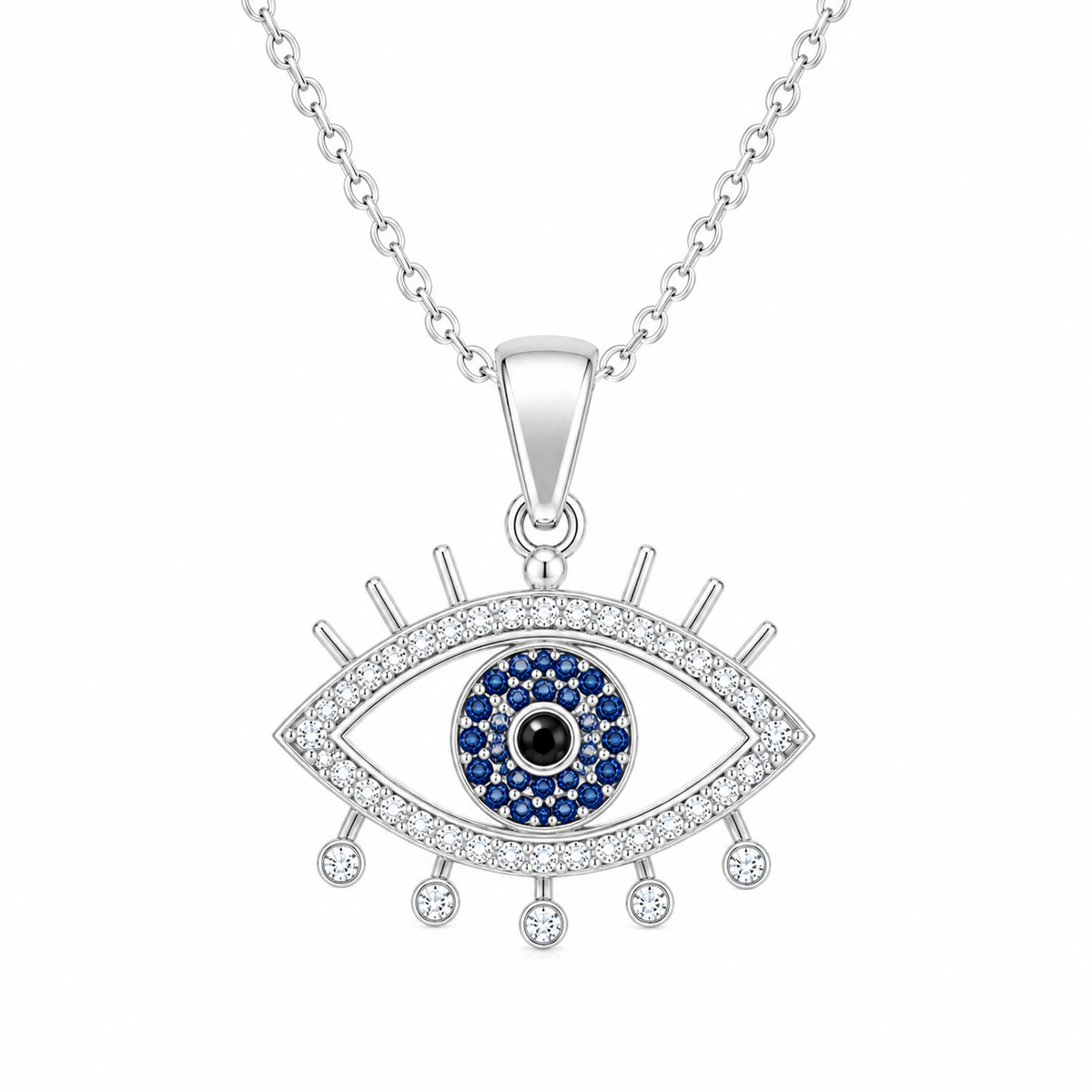 Blue Evil Eye Necklace with White Cz Accents