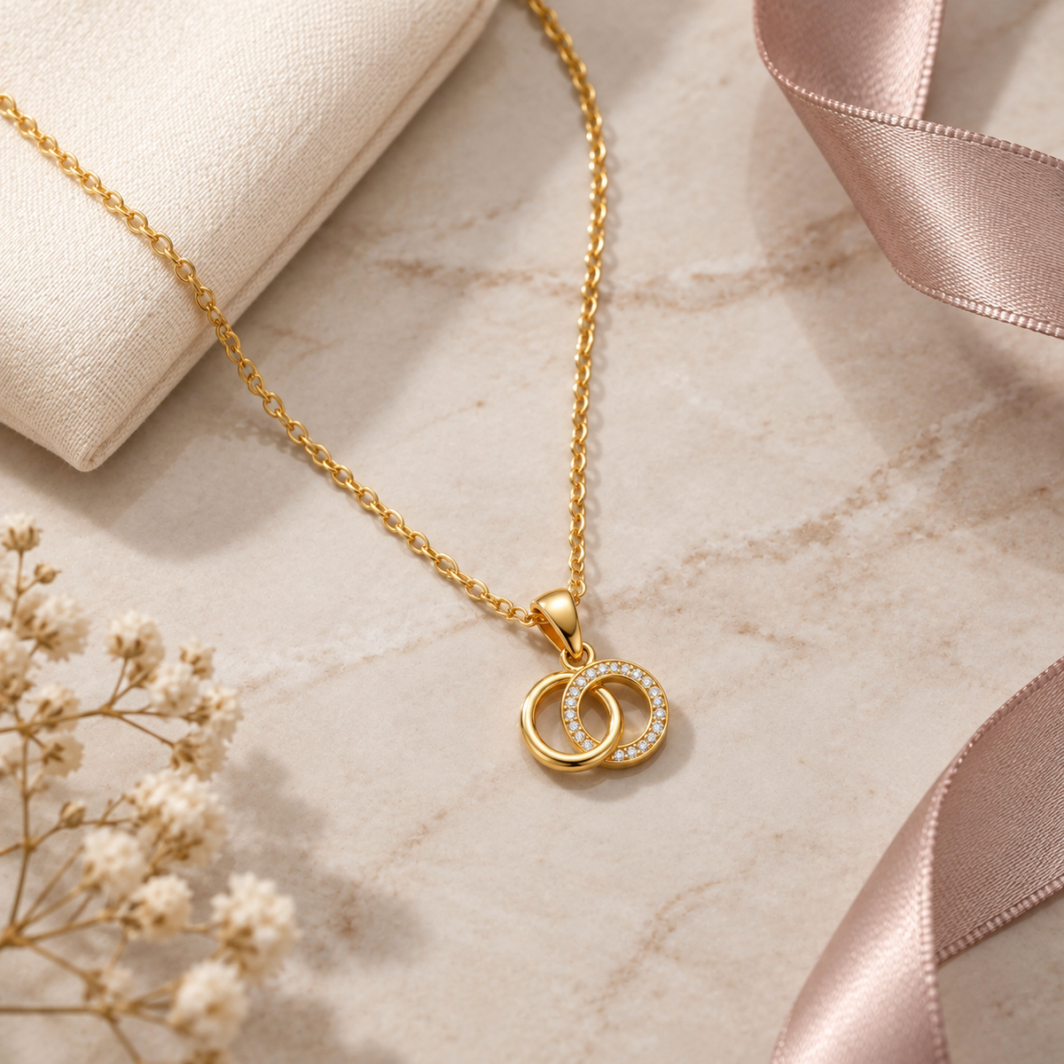 Double Circle Necklace with White Cz Pavé Detail for Women - 925 Sterling Silver