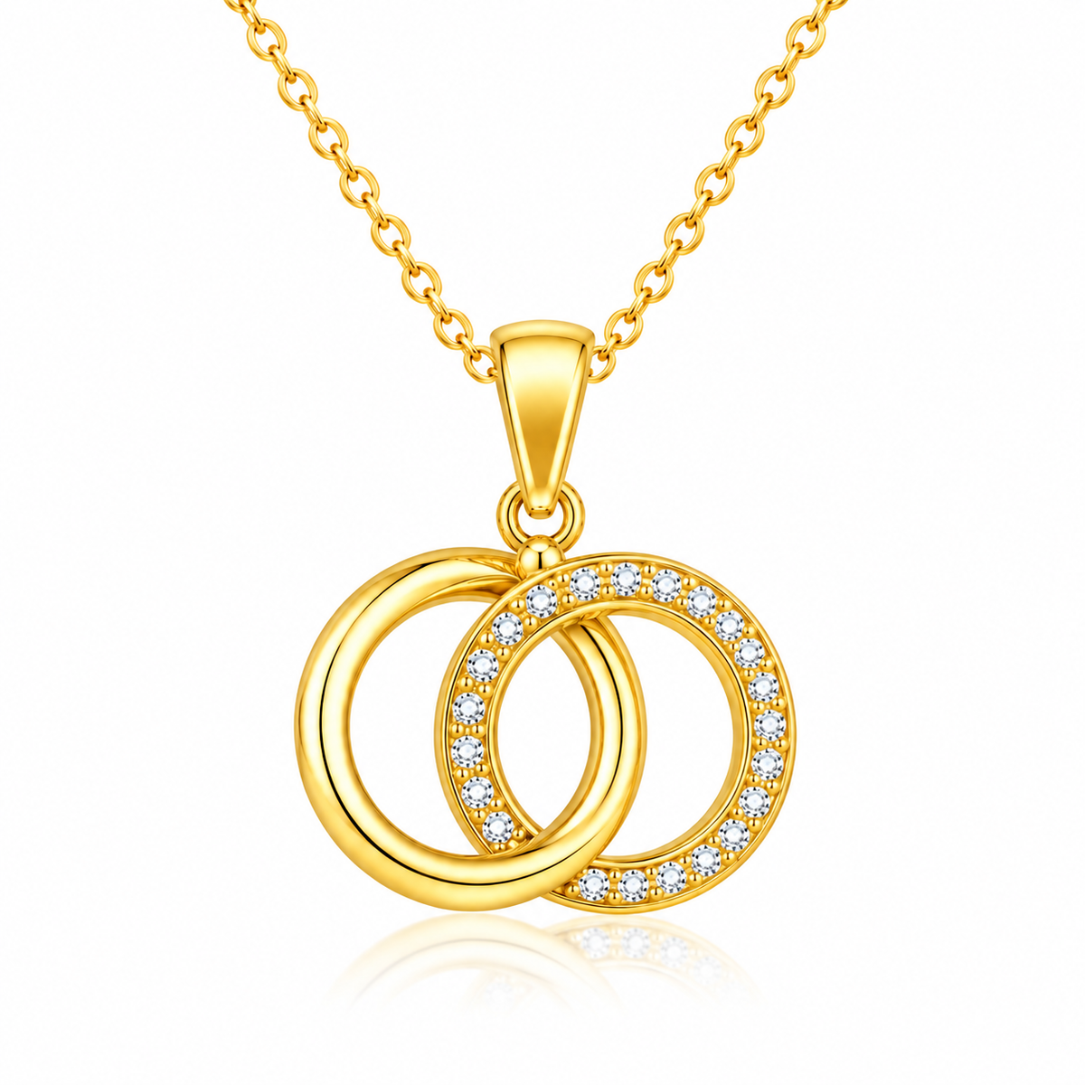 Double Circle Necklace with White Cz Pavé Detail for Women - 925 Sterling Silver