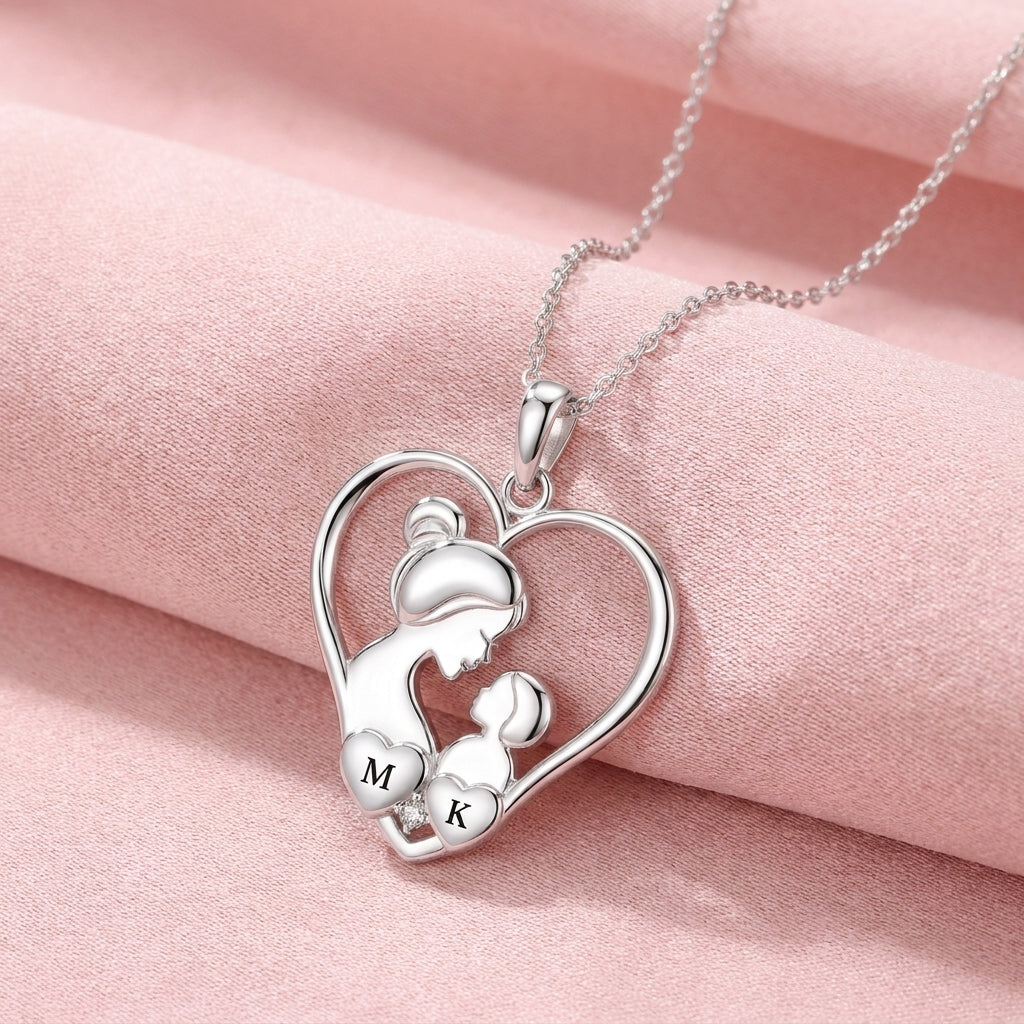 Mother and Child Heart Necklace with White Cz Accent