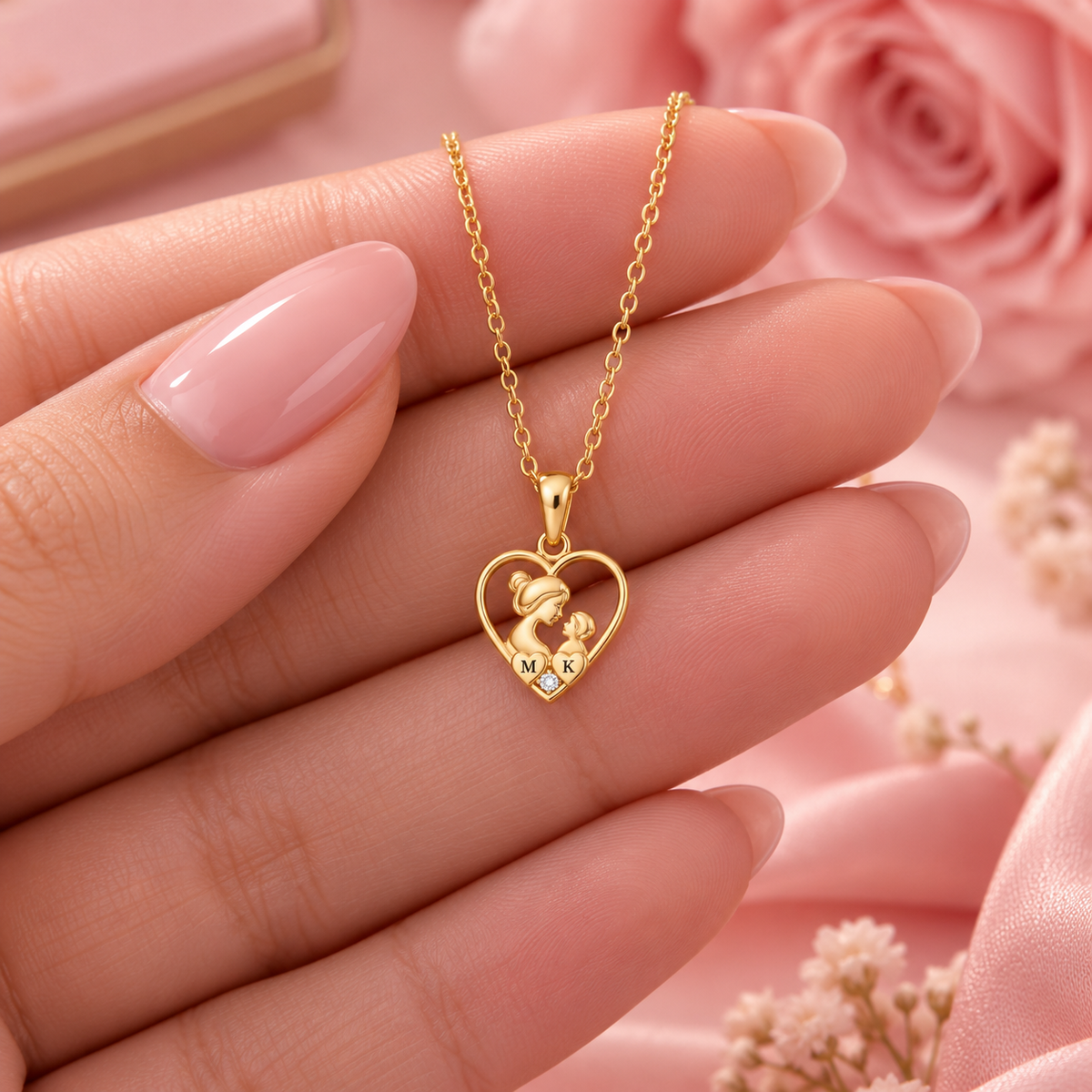 Mother and Child Heart Necklace with White Cz Accent for Women - 925 Sterling Silver