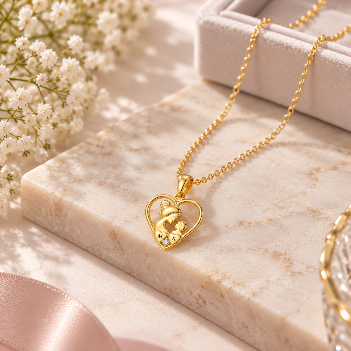 Mother and Child Heart Necklace with White Cz Accent for Women - 925 Sterling Silver