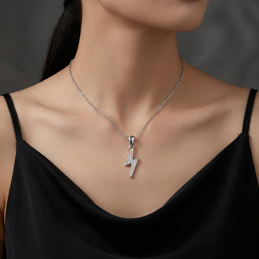 Lightning Bolt Necklace with White Cz Accents