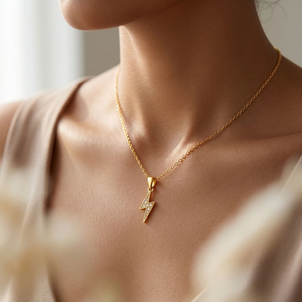 Lightning Bolt Necklace with White Cz Accents for Women - 925 Sterling Silver