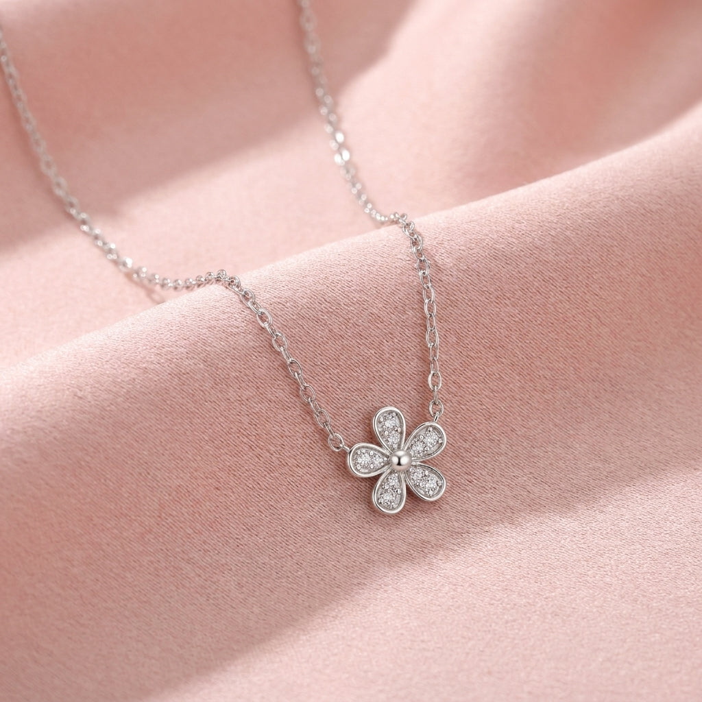 White Cz Flower Necklace - Dainty Floral Pendant
