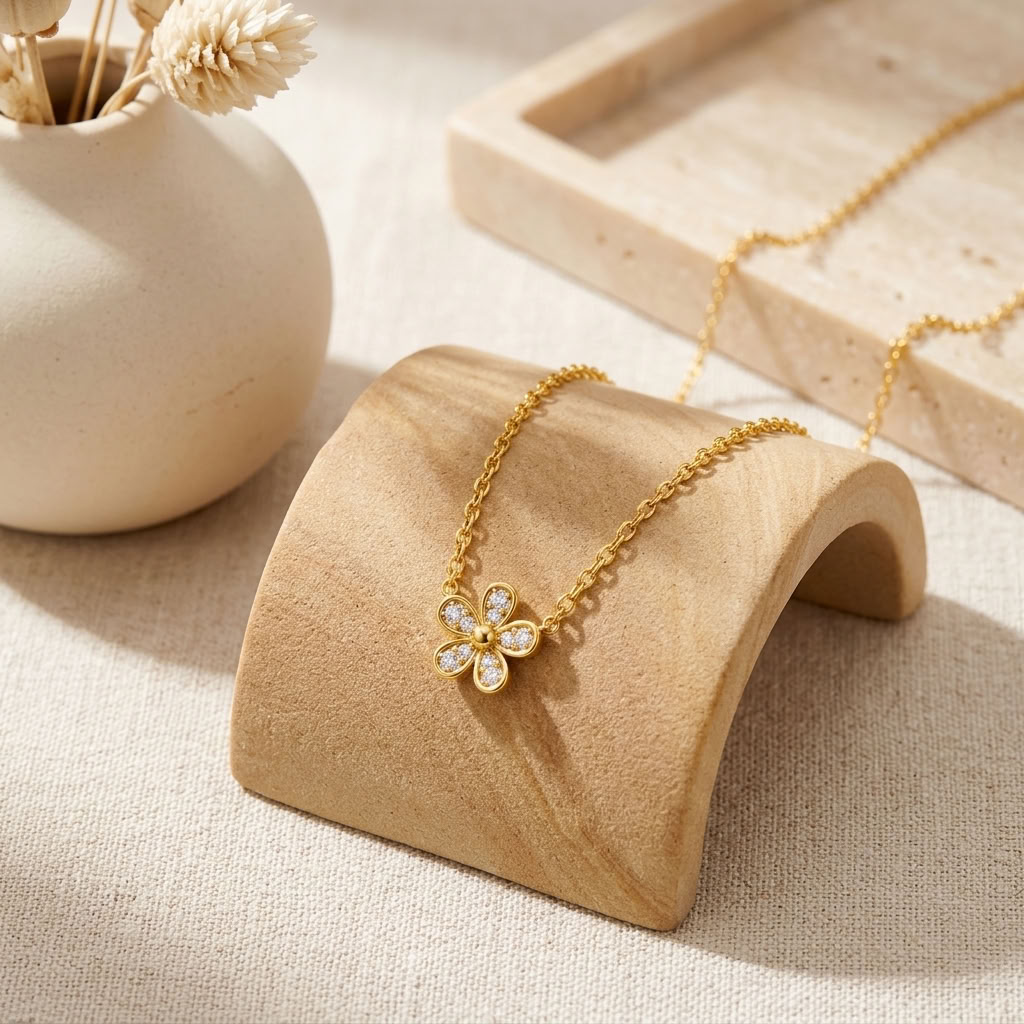 White Cz Flower Necklace - Dainty Floral for Women - 925 Sterling Silver