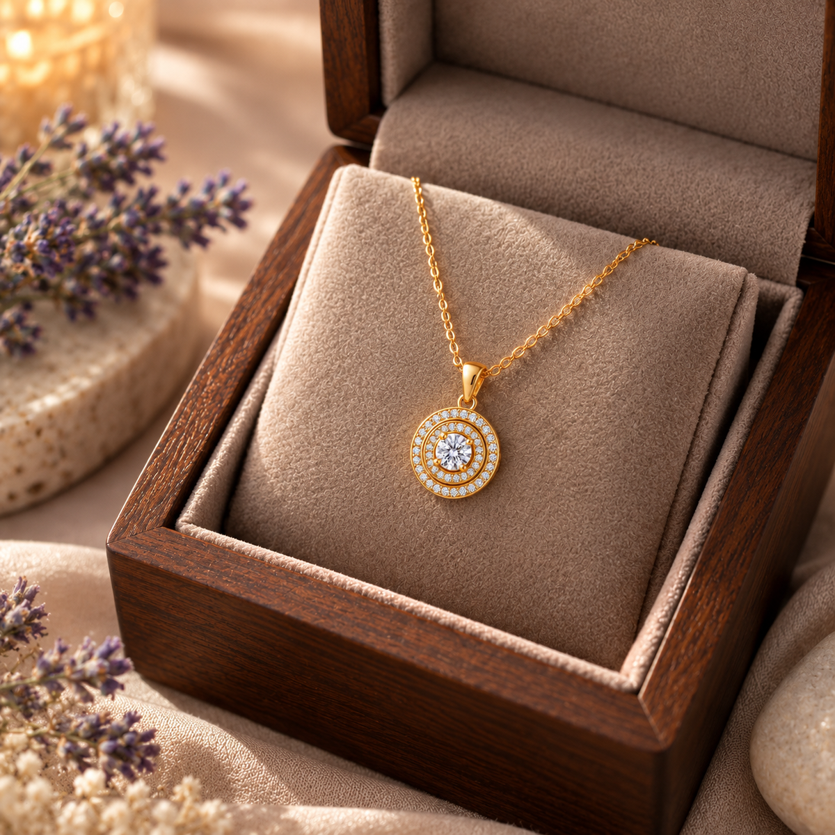 Round Halo White Cz Solitaire Necklace for Women - 925 Sterling Silver