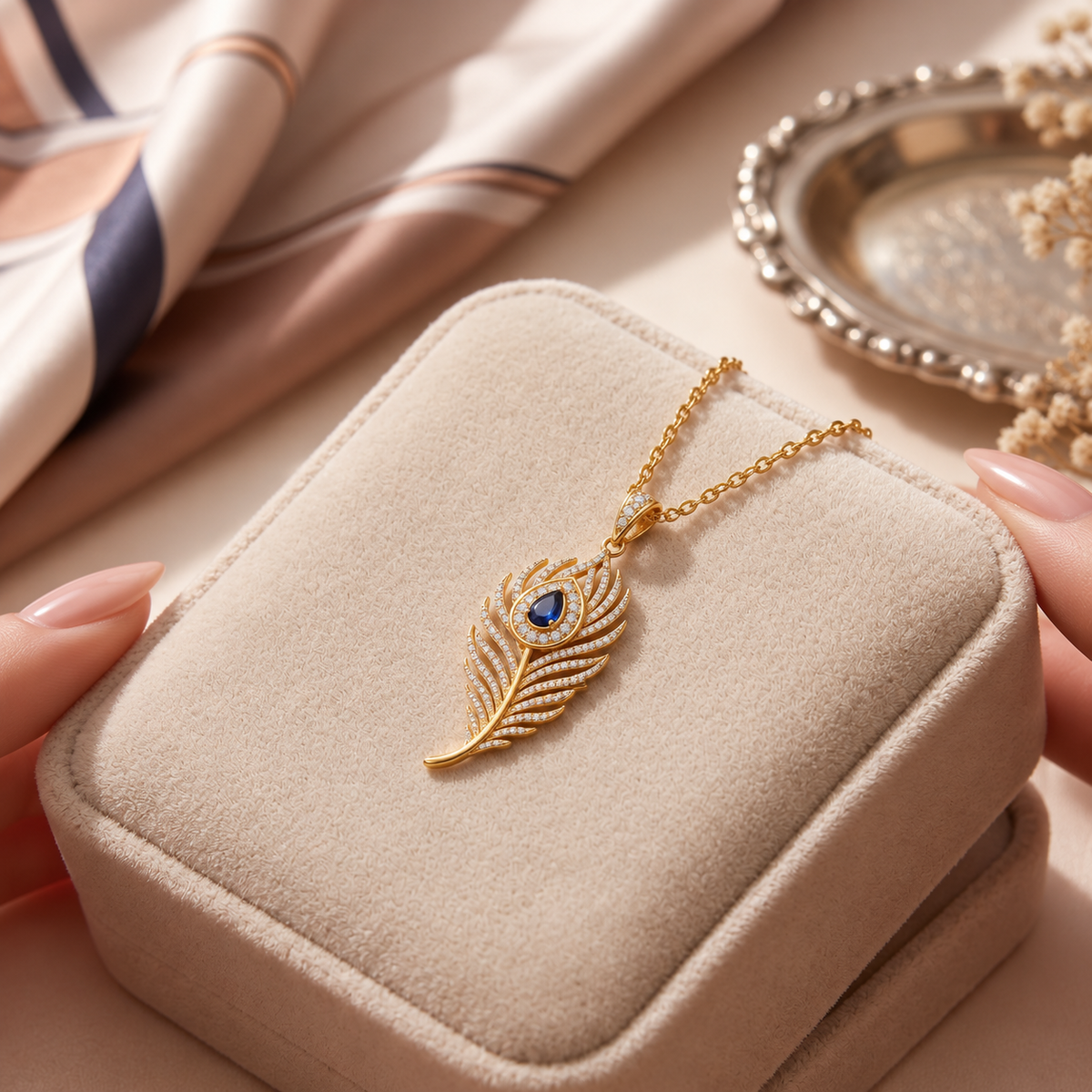 Blue Peacock Feather White Cz for Women - 925 Sterling Silver