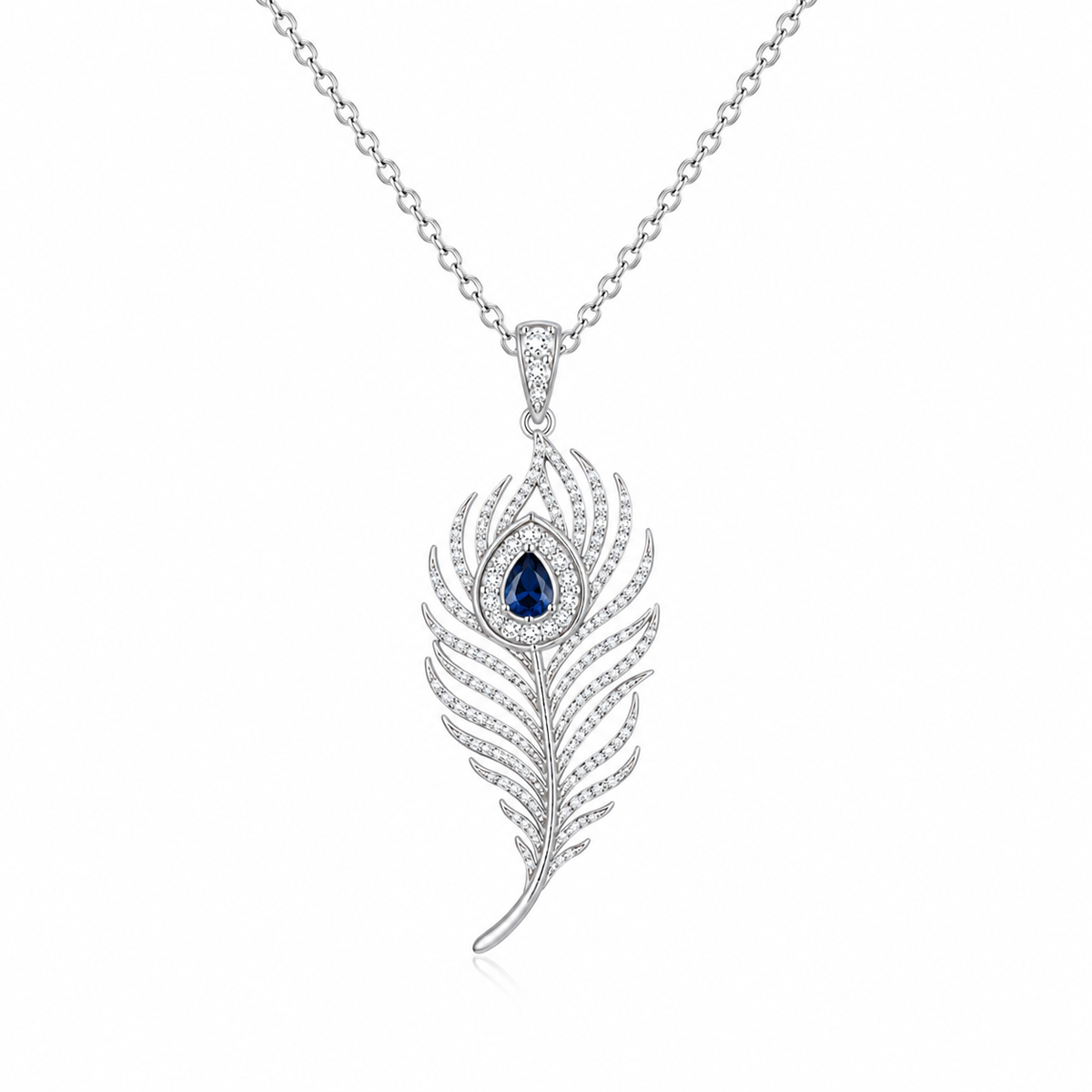 Blue Peacock Feather White Cz Pendant Necklace