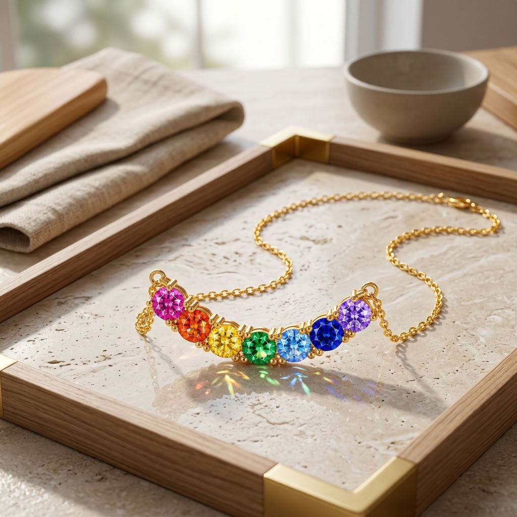 Rainbow Multicolor White Cz Station Necklace for Women - 925 Sterling Silver