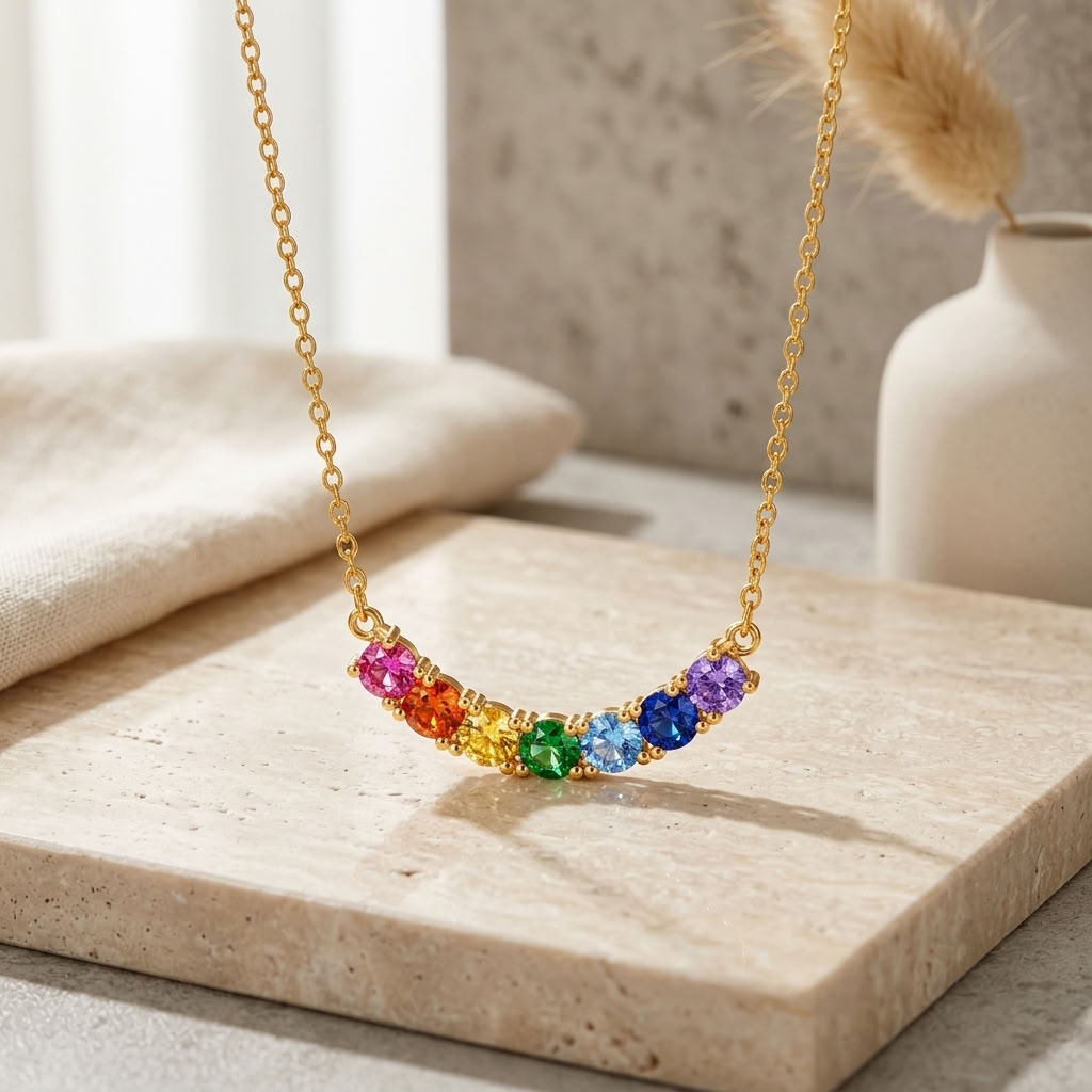 Rainbow Multicolor White Cz Station Necklace for Women - 925 Sterling Silver