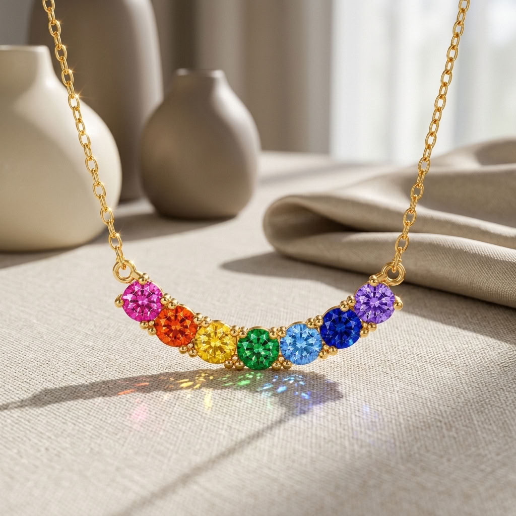 Rainbow Multicolor White Cz Station Necklace for Women - 925 Sterling Silver