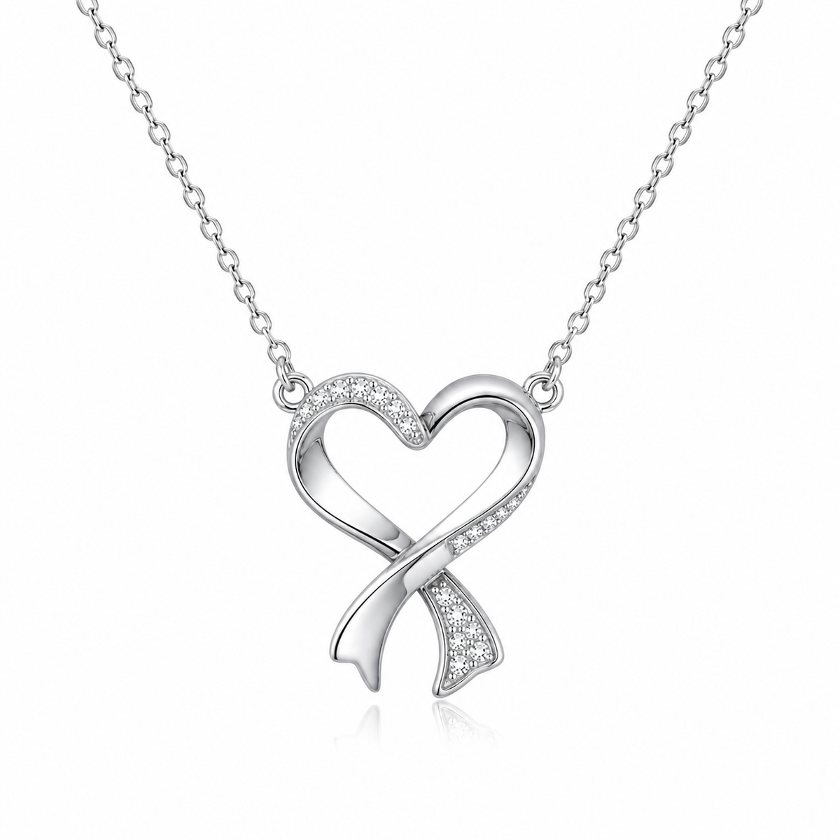 Ribbon Heart White Cz Pendant Necklace