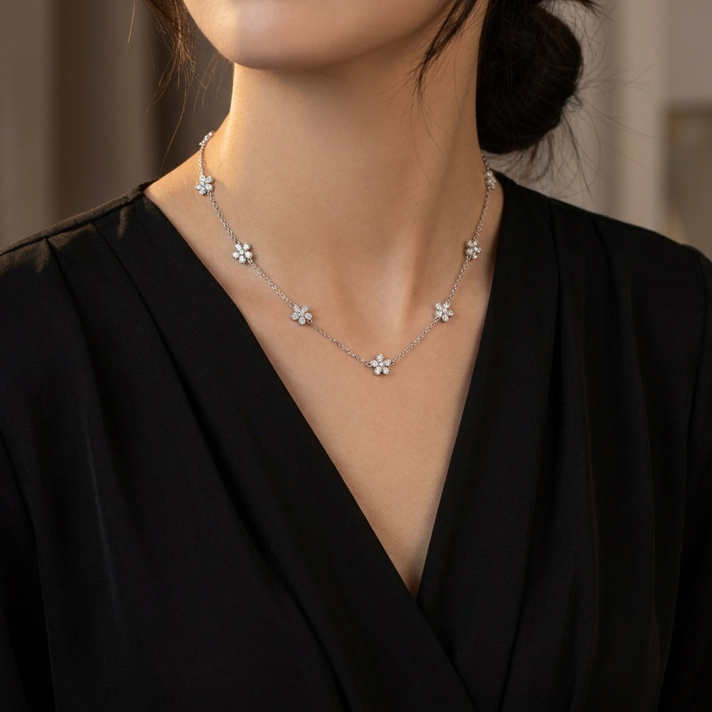 Floral White Cz Station Necklace