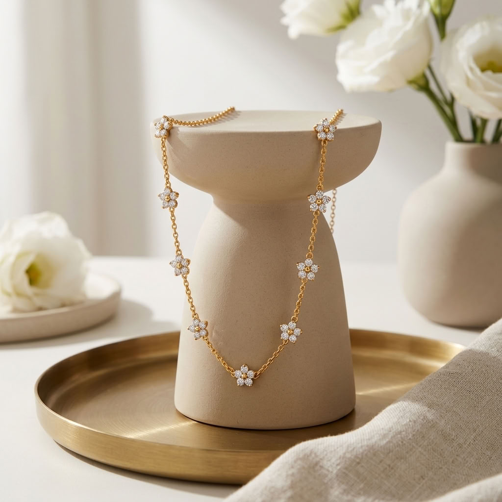 Floral White Cz Station Necklace for Women - 925 Sterling Silver