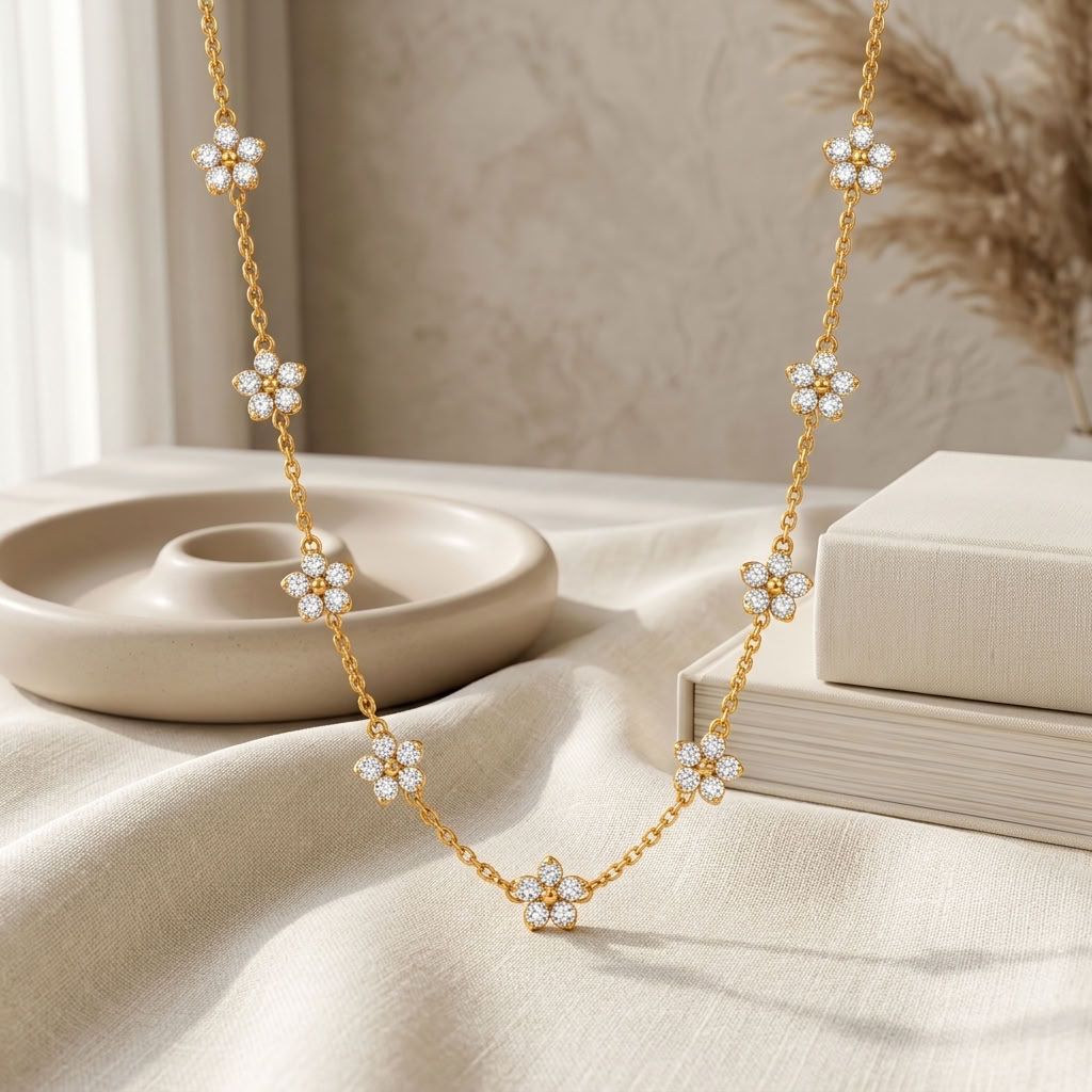 Floral White Cz Station Necklace for Women - 925 Sterling Silver