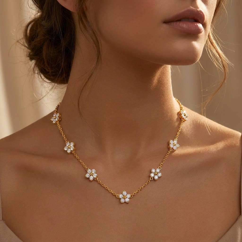 Floral White Cz Station Necklace for Women - 925 Sterling Silver