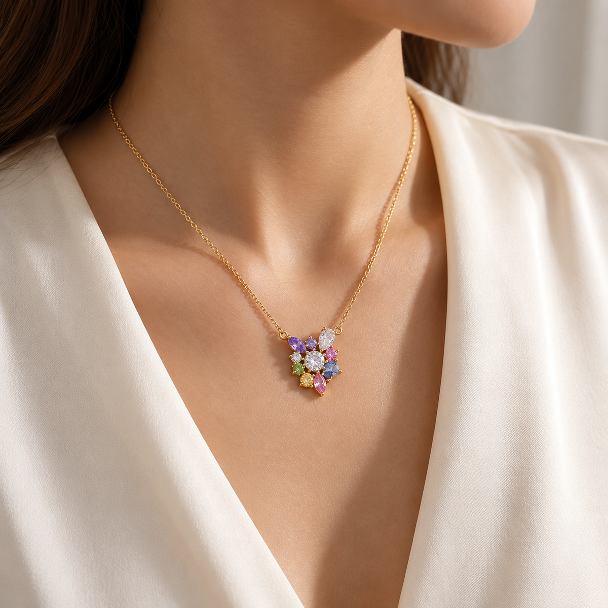 Multicolor Floral Necklace with White Cz Accents for Women - 925 Sterling Silver