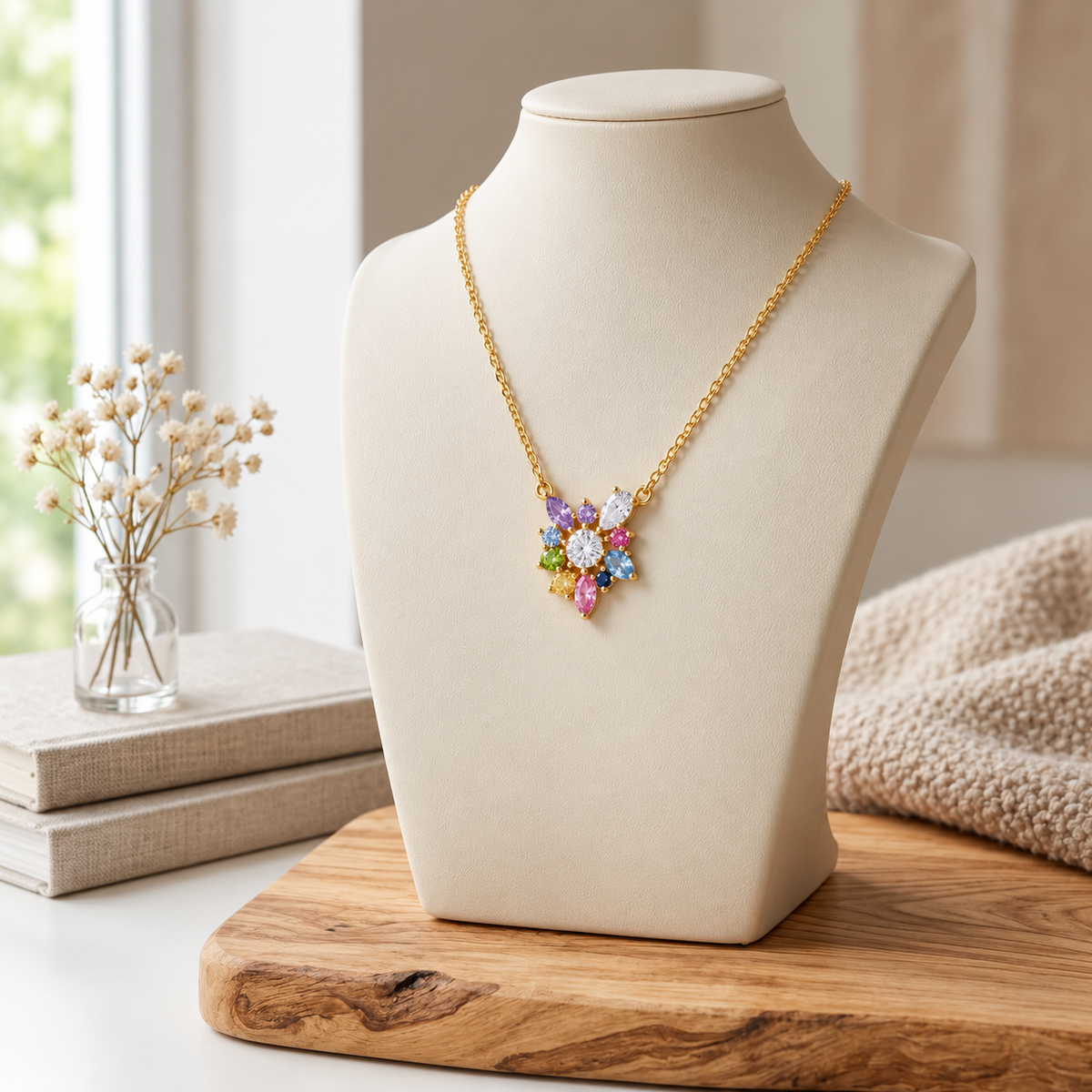 Multicolor Floral Necklace with White Cz Accents for Women - 925 Sterling Silver