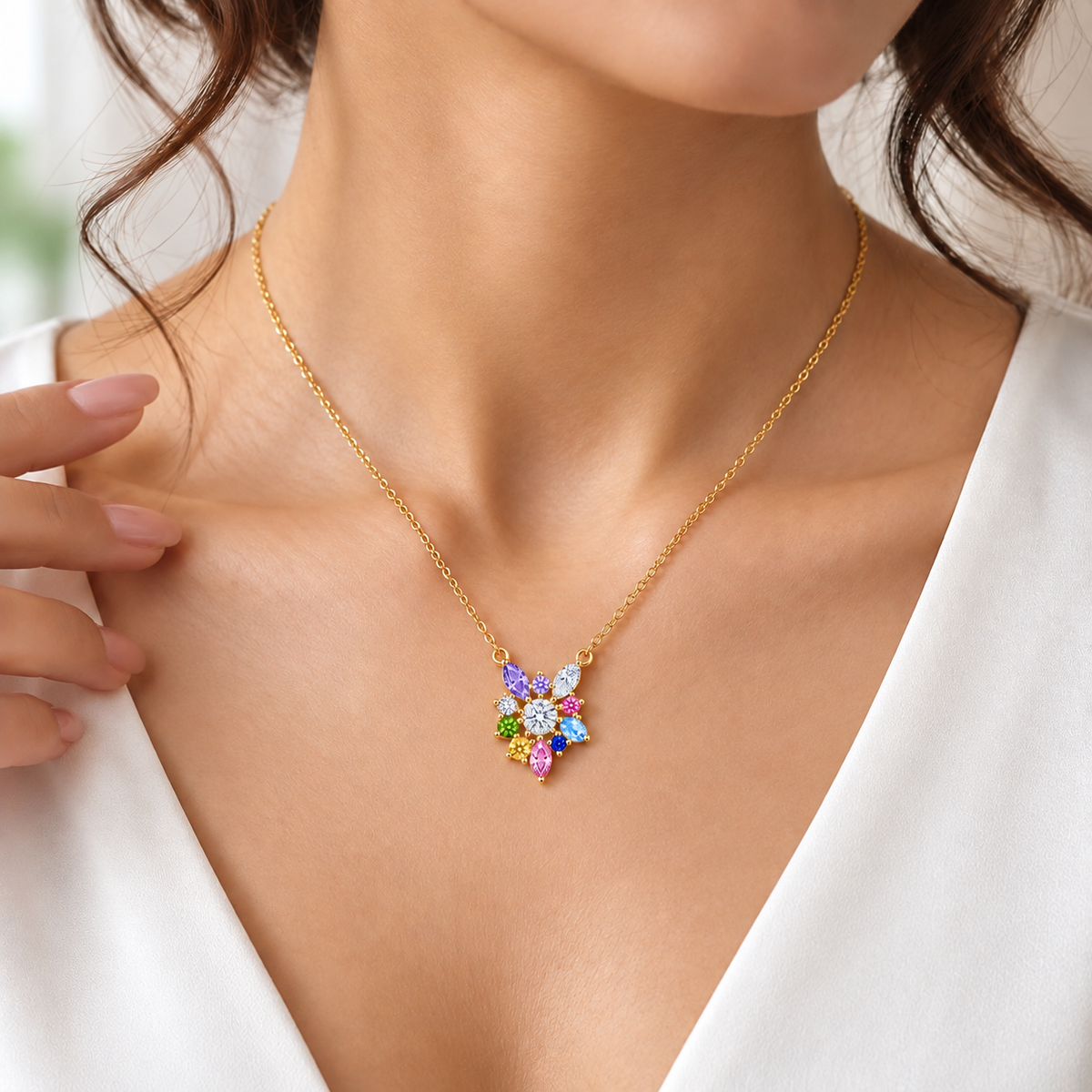 Multicolor Floral Necklace with White Cz Accents for Women - 925 Sterling Silver