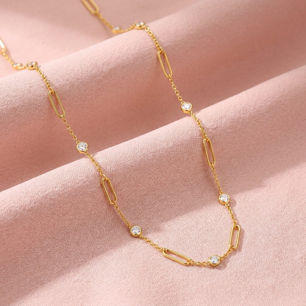 Paperclip White Cz Station Necklace