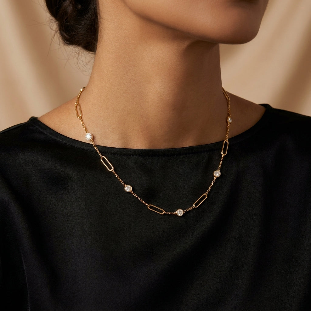 Paperclip White Cz Station Necklace