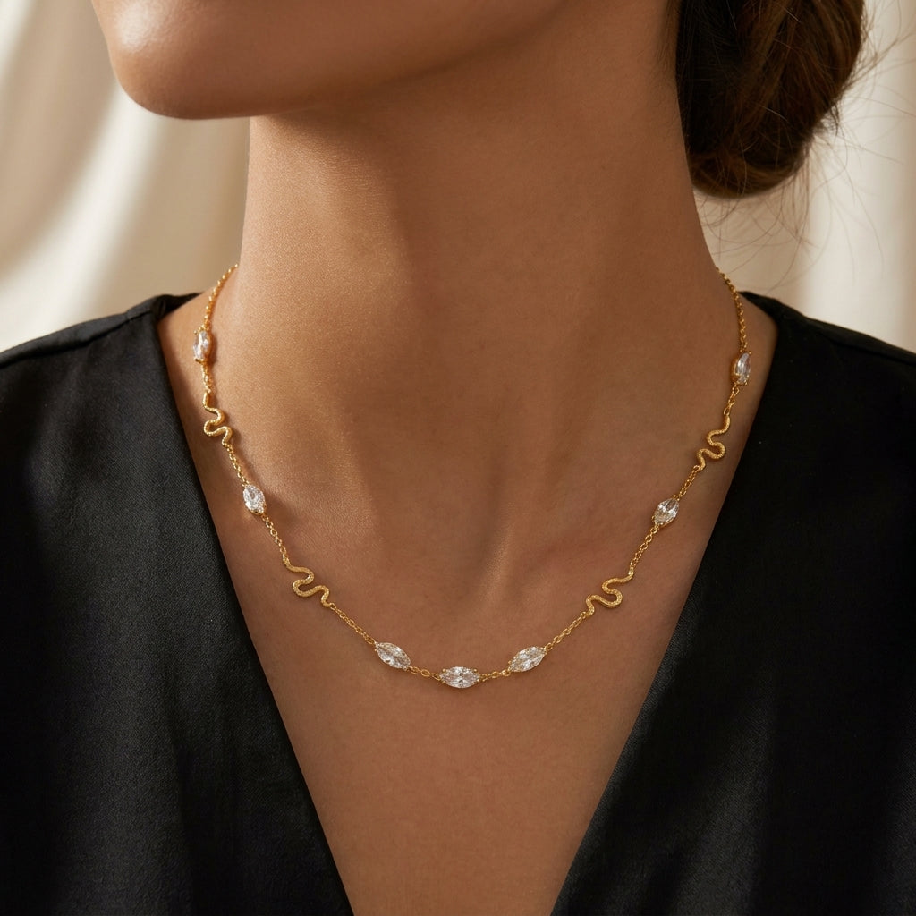 Snake & Marquise White Cz Station Necklace