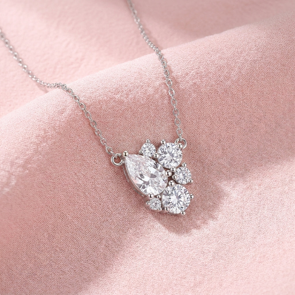 Pear & Round White Cz Cluster Necklace