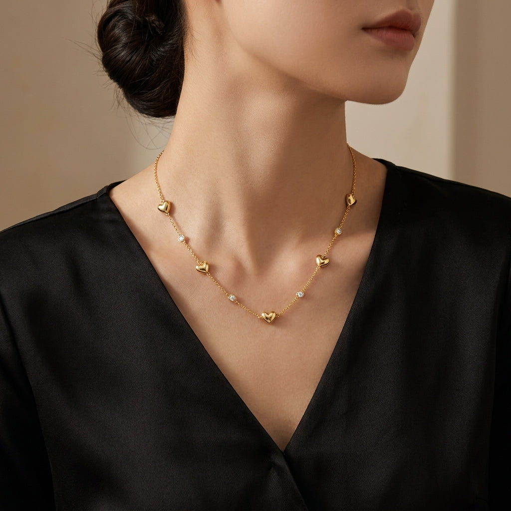 Heart Station Necklace with White Cz Accents