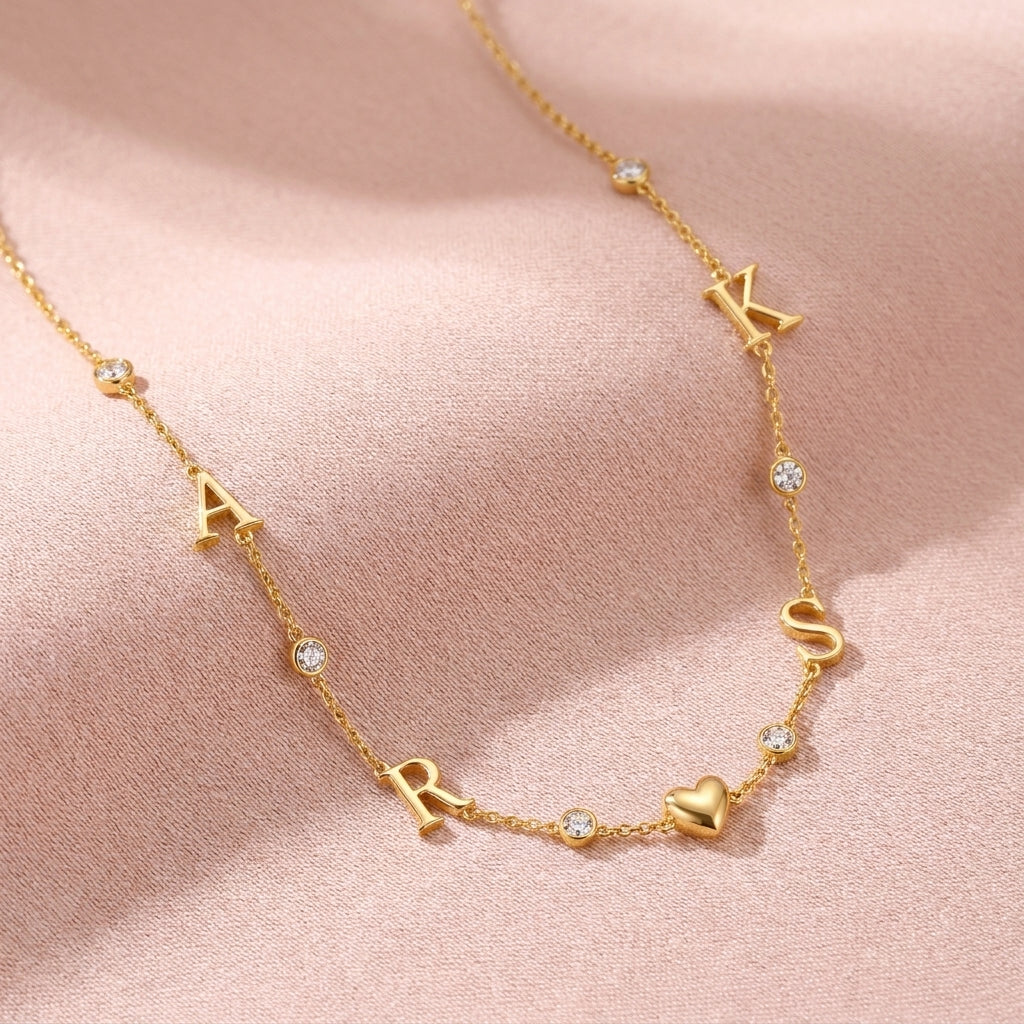 Initial Heart Necklace with White Cz Accents