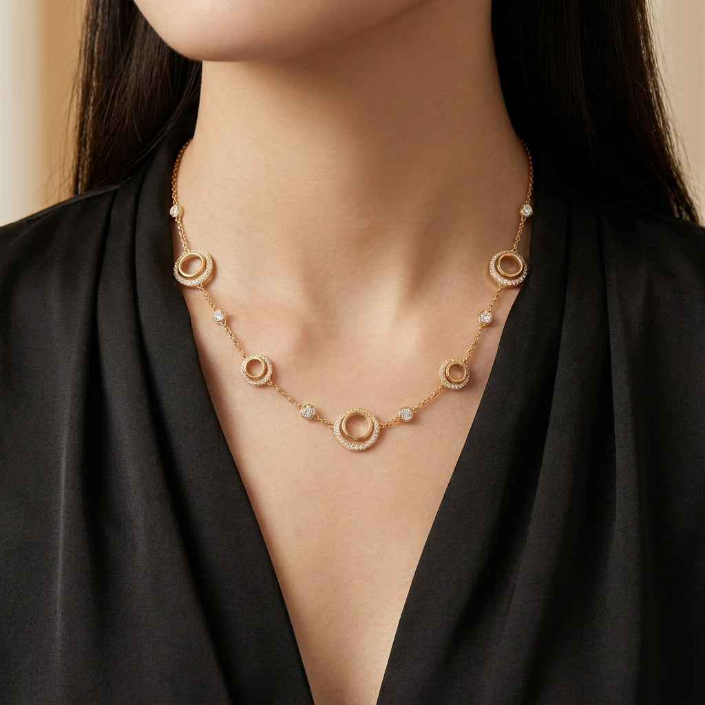 Double Circle Station Necklace with White Cz
