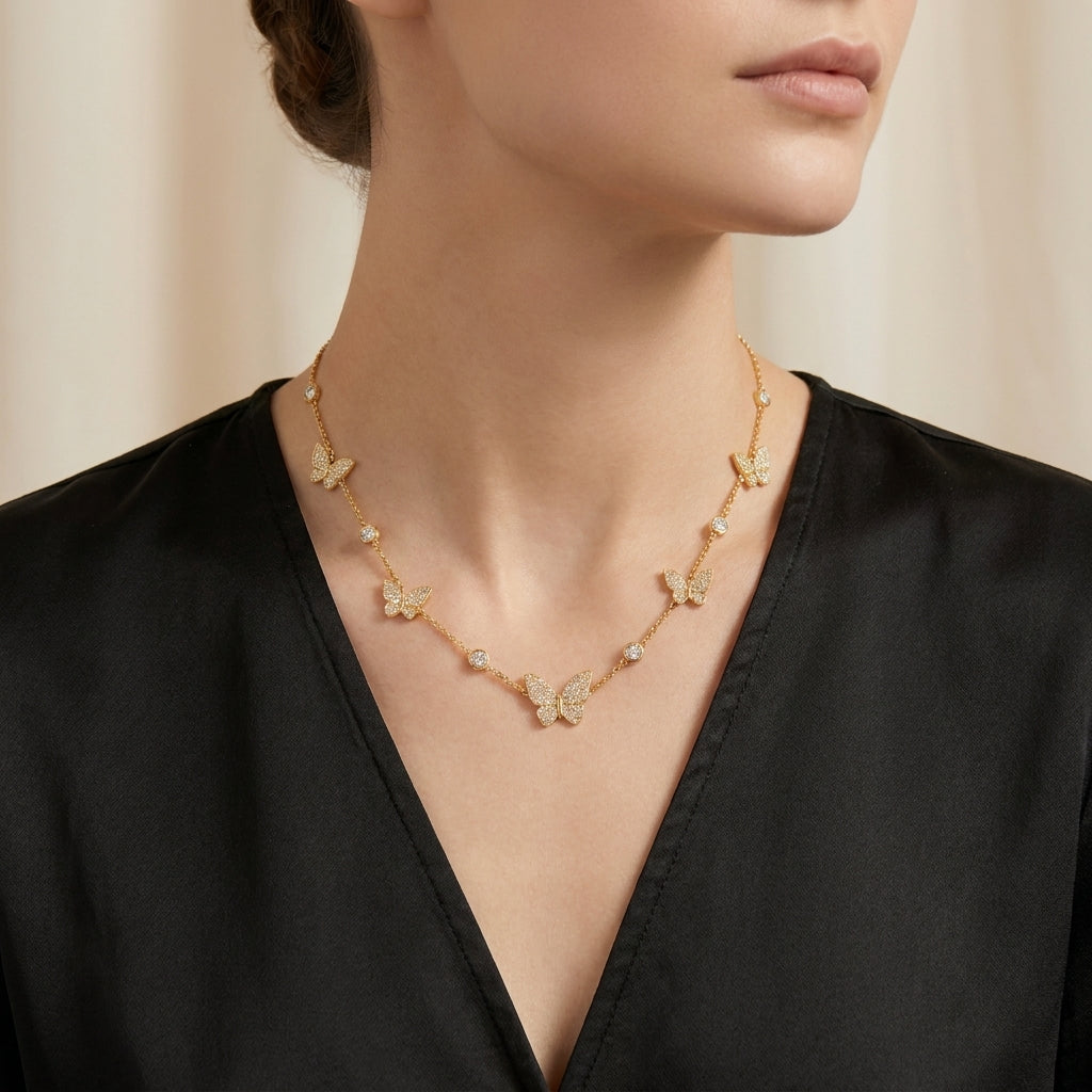 Butterfly Station Necklace with Sparkling White Cz