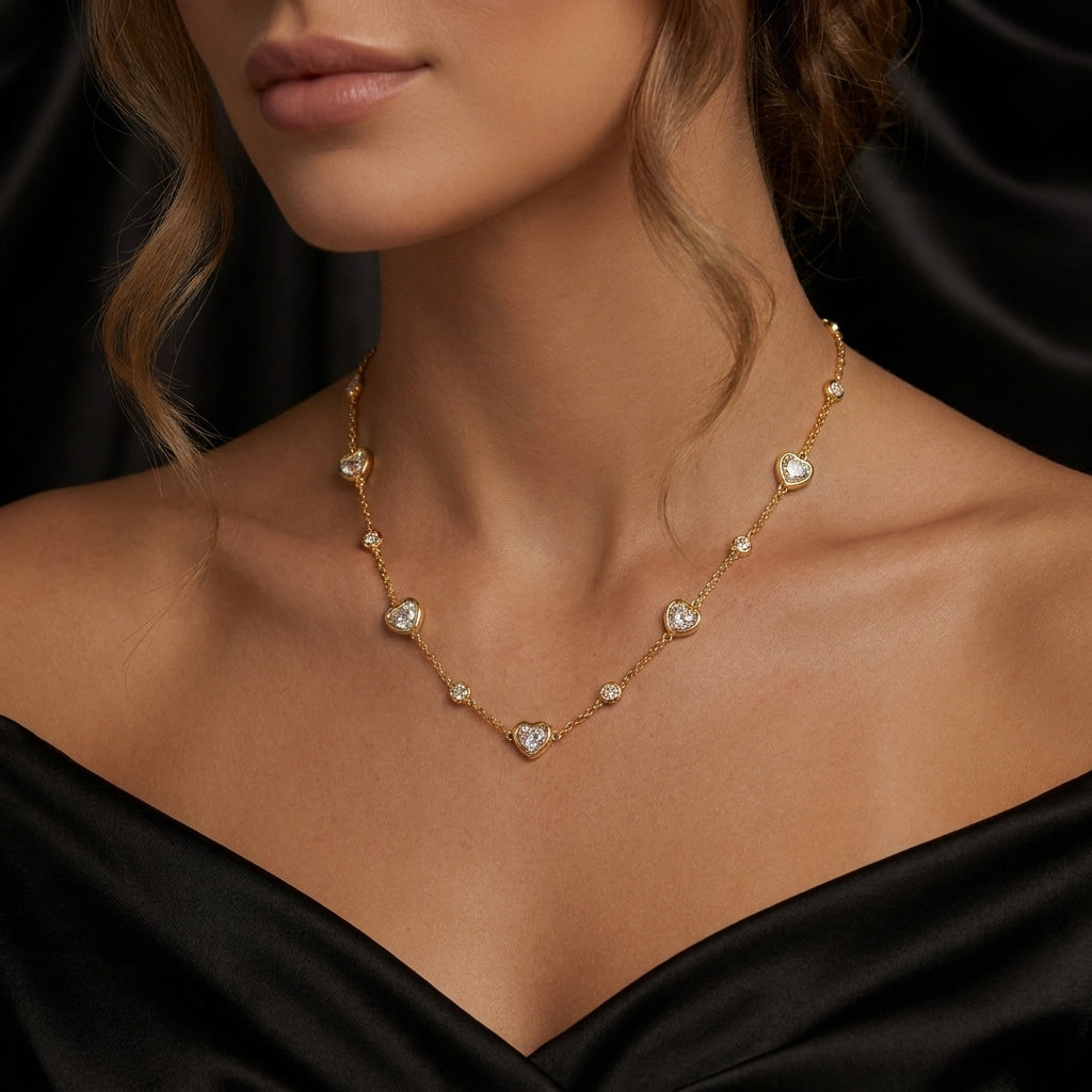Heart Station Necklace with White Cz Accents