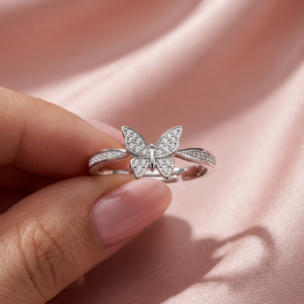 Butterfly Ring - Adjustable Pave Crystal Butterfly Charm Ring