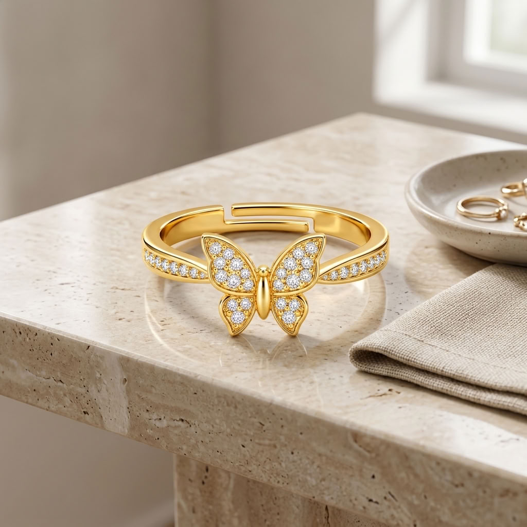 Butterfly Adjustable Pave Crystal Butterfly Charm Ring for Women - 925 Sterling Silver
